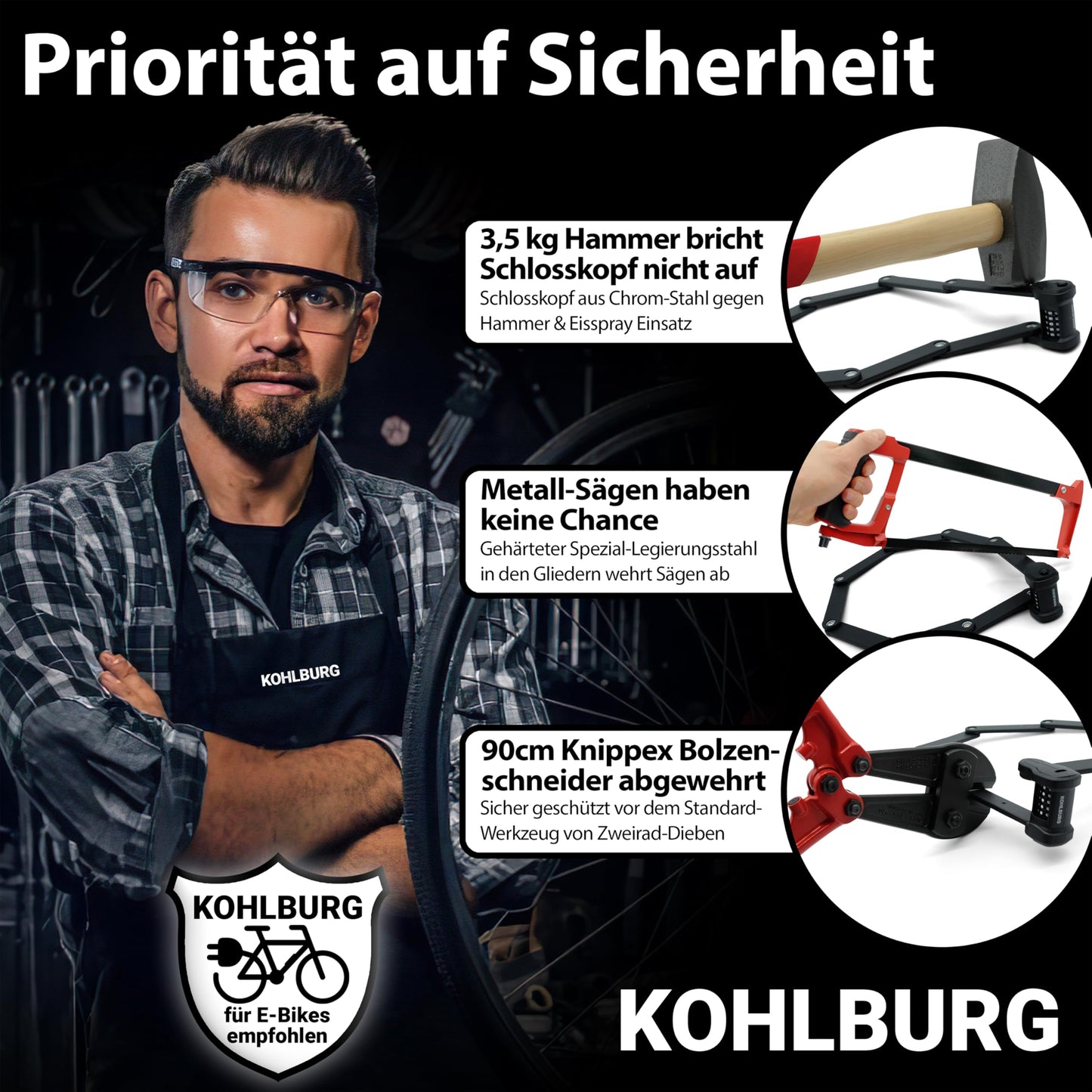 KOHLBURG bike lock combination lock with 5-digit code [bolt-cutter resistant, 101 cm long] folding lock type Vienna with bracket high security - bike lock for e-scooters, e-bikes & bikes