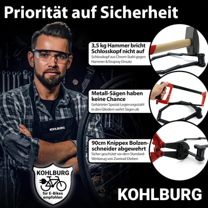 KOHLBURG bike lock combination lock with 5-digit code [bolt-cutter resistant, 101 cm long] folding lock type Vienna with bracket high security - bike lock for e-scooters, e-bikes & bikes