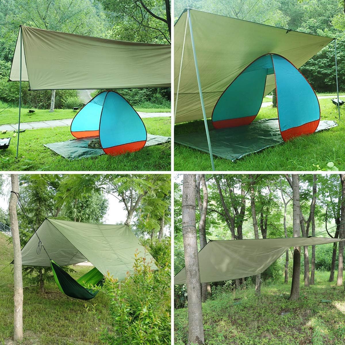 Tarp, hammock tarp for outdoor camping, 3m x 3m waterproof tarp with eyelets + 6 stakes + 6 ropes, rain protection sun shade hammock tent groundsheet.