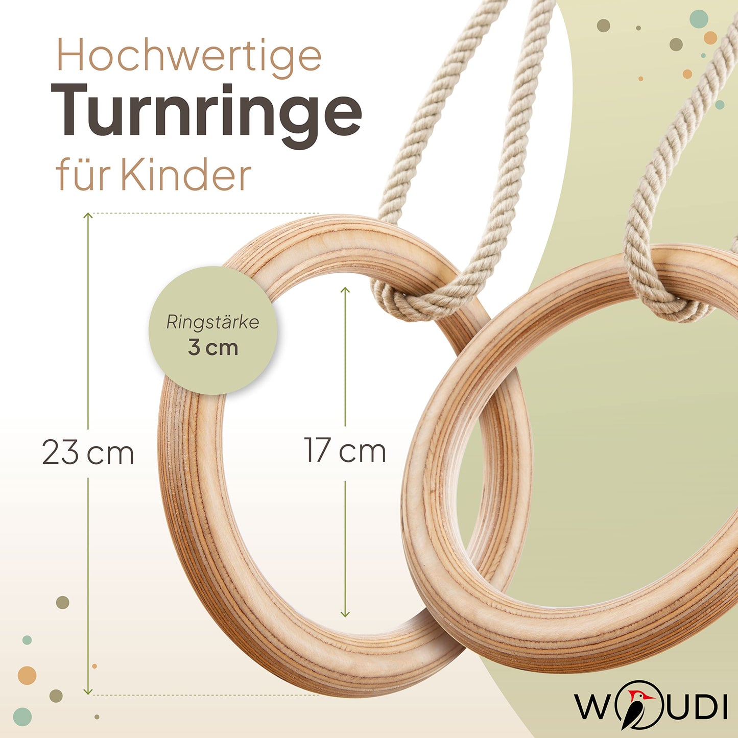 Woudi® gymnastic rings made of laminated solid wood, swing rings with adjustable ropes, for children and adults I Indoor & outdoor use I gymnastics rings I toy (23cm outerø)