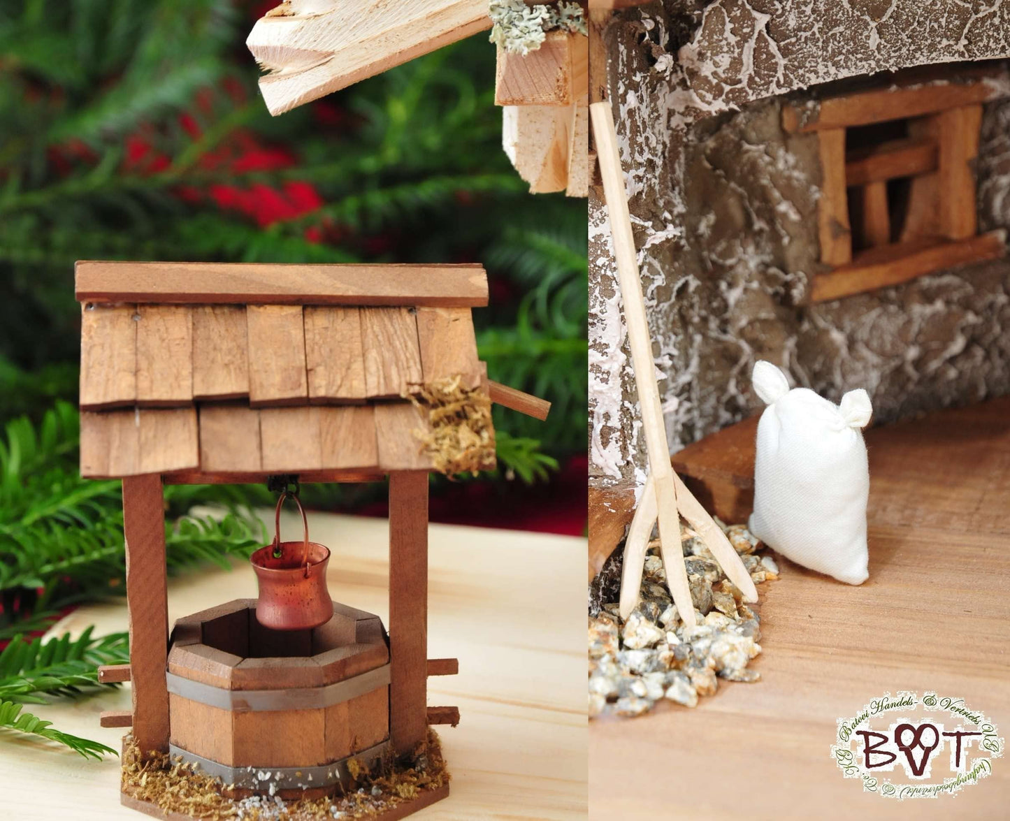 Large Christmas Nativity scene, with fountain + decorations, approx. 60 cm solid wood historically brown complete with fountain set - with 12 x PREMIUM Nativity figures + golden angel
