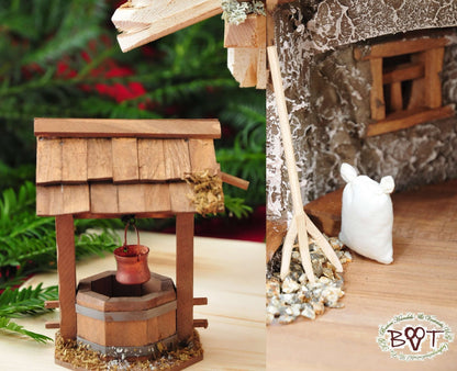 Large Christmas Nativity scene, with fountain + decorations, approx. 60 cm solid wood historically brown complete with fountain set - with 12 x PREMIUM Nativity figures + golden angel