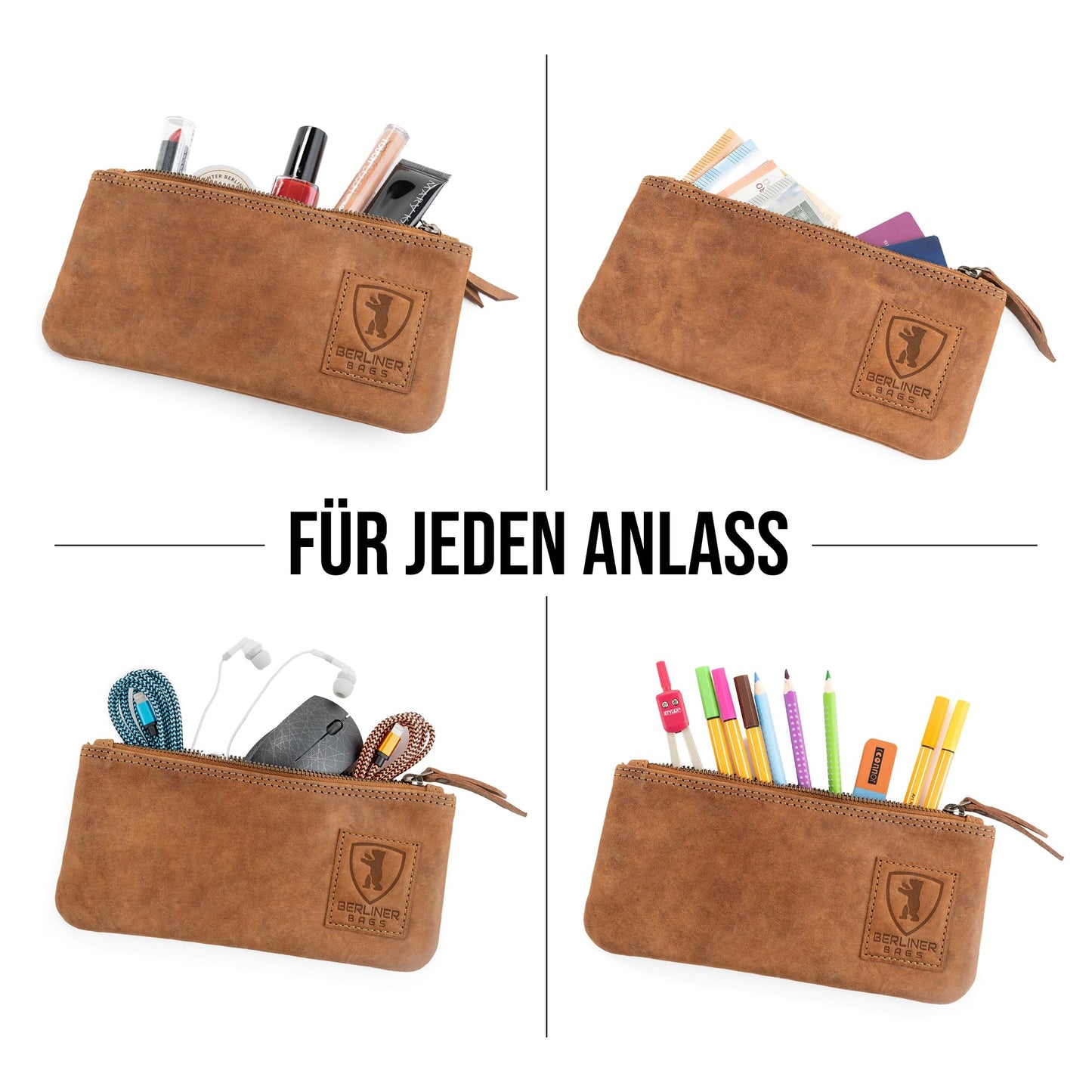 Berlin Bags Vintage leather pencil case with YKK zipper, durable pen pouch for pencils and accessories - Brown.