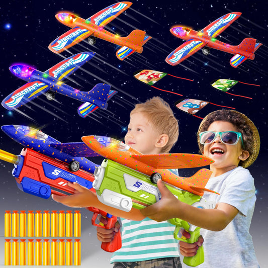 Doloowee 4 IN 1 Airplane Launcher Toy, LED Foam Glider Aircraft Catapult, 3 Flight Modes, Outdoor Sport Flying Toy for 3-12 Year Old Boys Girls Birthday Gifts (Blue+Green)