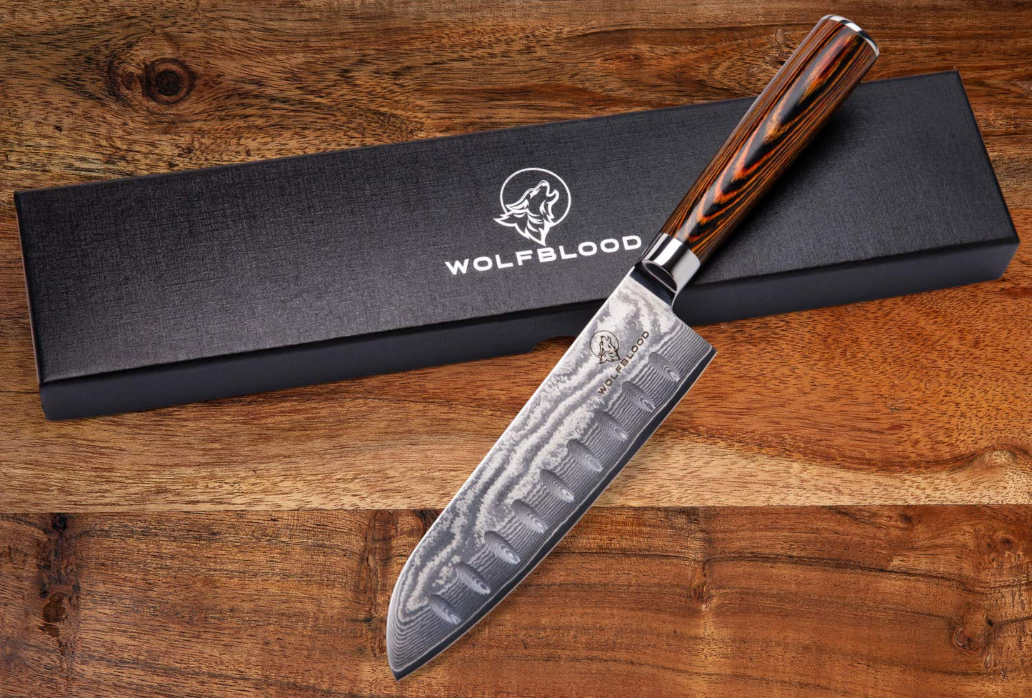 Wolfblood Damascus Santoku Knife XL (30cm) Professional chef's knife made of authentic 67 layer Damascus steel. Damascus kitchen knife with wooden handle. Comes in a gift box with blade guard.