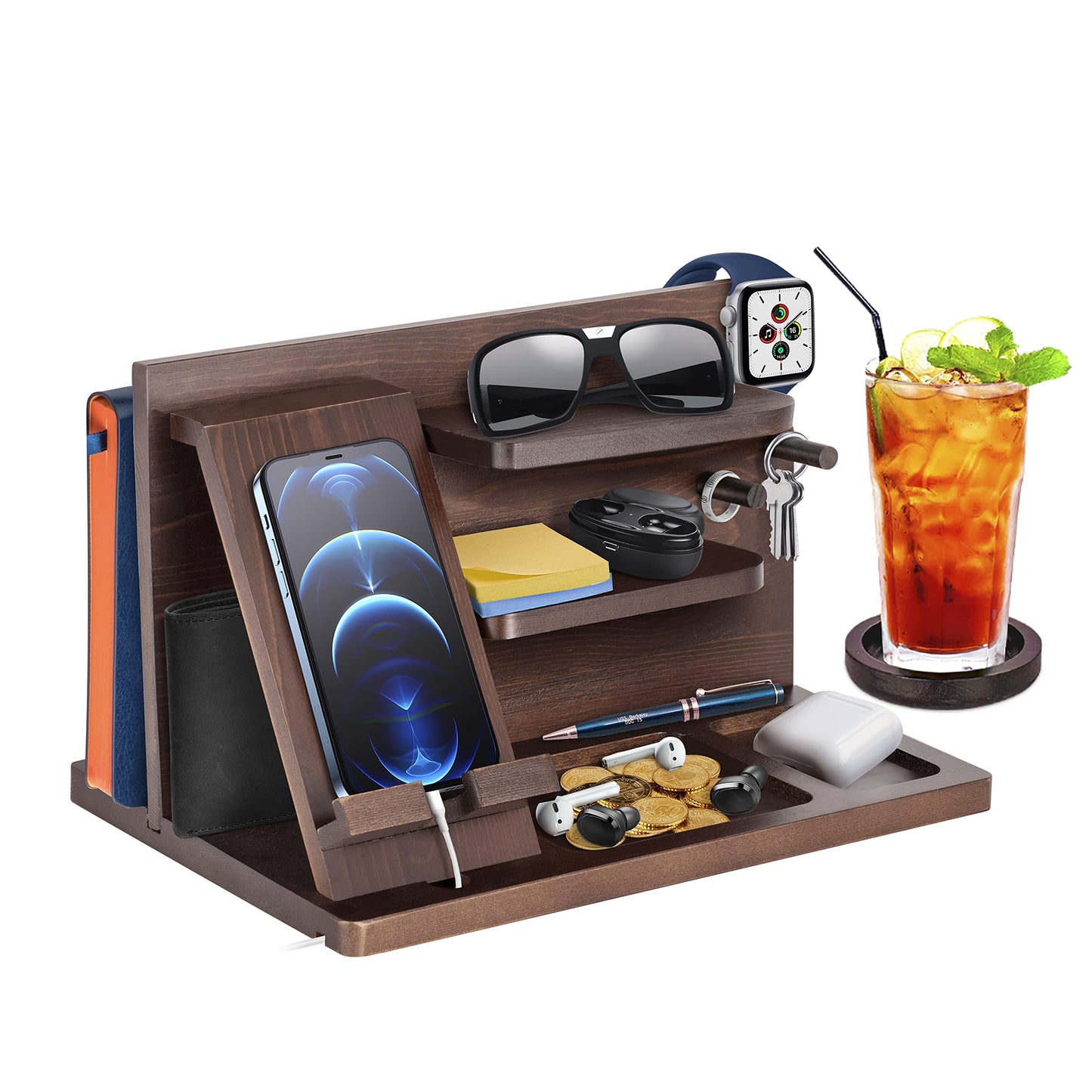 Gifts for men birthday wood phone docking station watches wallets nightstand organizer Christmas men's gift, birthday gifts for men or dad desk organizer wood