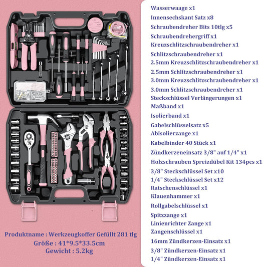 Sundpey Tool Box Filled 281pcs - Portable Complete Tool Sets Tool Box with Socket Set Screwdriver Set Metric Allen Wrench Pliers Tool Case Pink
