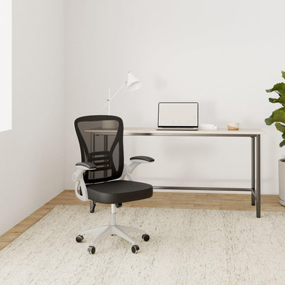 Rattan office chair with foldable armrests, ergonomic desk chair with lumbar support, height adjustable, space-saving, swivel chair for the office.