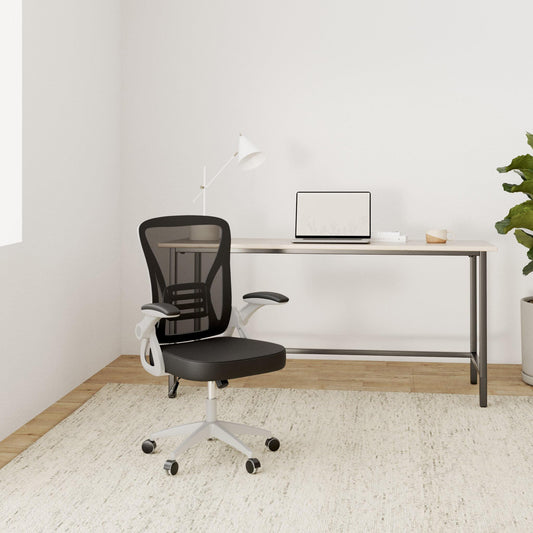 Rattan office chair with foldable armrests, ergonomic desk chair with lumbar support, height adjustable, space-saving, swivel chair for the office.