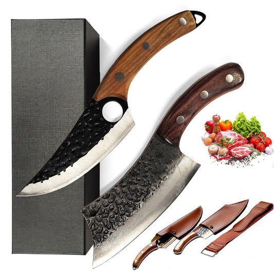 Serbian kitchen knives (butcher knife & cleaver), 2-piece cleaver set, forged chef knife with sheath and sharpening strap, for slicing vegetables, chef knife set for home, camping & BBQ.