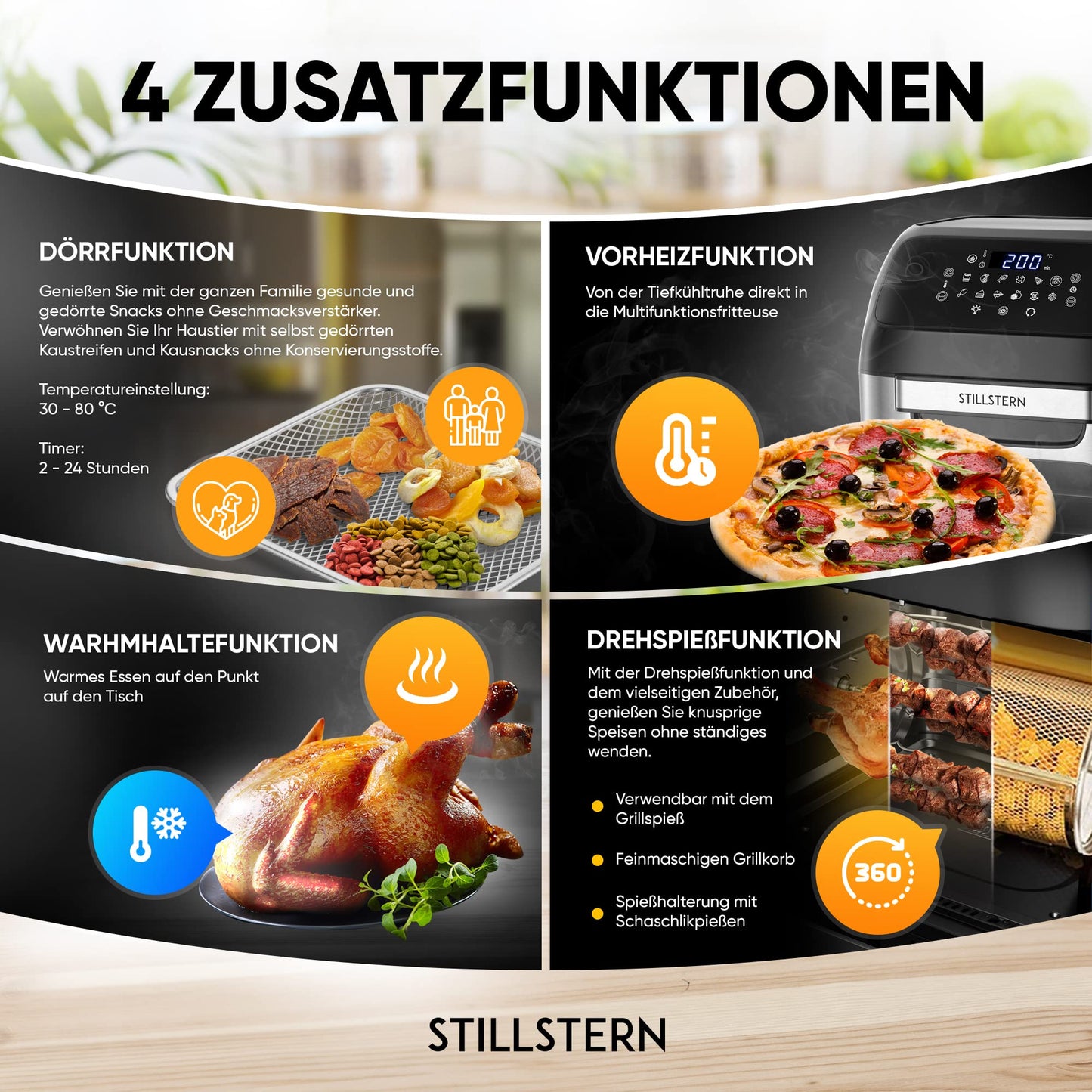 Stillstern Hot Air Fryer 12L with LED Touchscreen, XXL recipe book in German, 12 programs, preheat & keep warm, 1800W Hot Air Fryer Air Fryer XXL without oil dehydrating mini oven camping grill