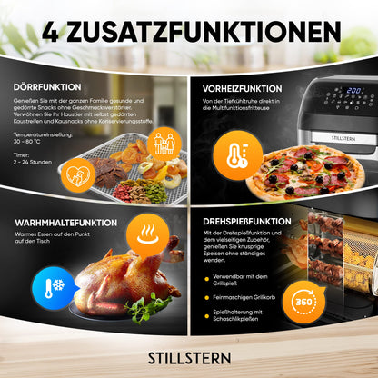 Stillstern Hot Air Fryer 12L with LED Touchscreen, XXL recipe book in German, 12 programs, preheat & keep warm, 1800W Hot Air Fryer Air Fryer XXL without oil dehydrating mini oven camping grill