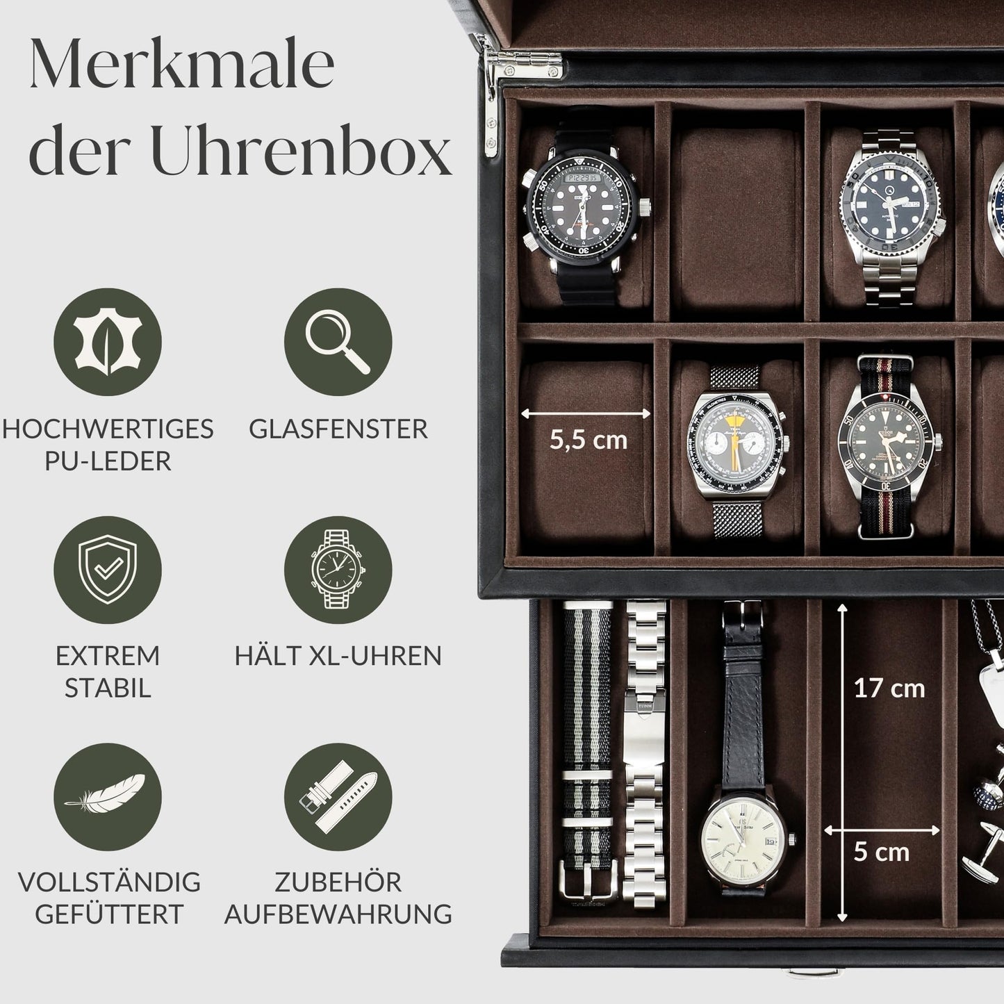 TAWBURY watch box for men up to 8 watches - black watch and jewelry storage box with drawer for men | Faux leather watch storage case | Luxury watch box for men | Watch holder