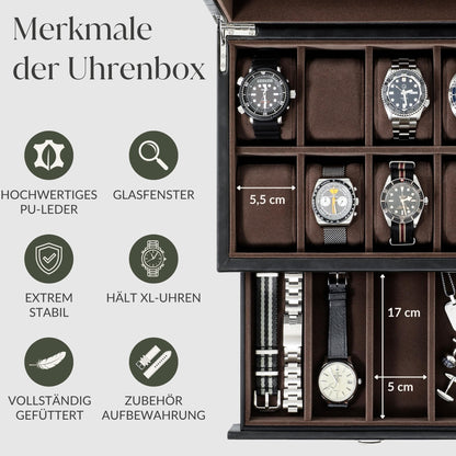 TAWBURY watch box for men up to 8 watches - black watch and jewelry storage box with drawer for men | Faux leather watch storage case | Luxury watch box for men | Watch holder