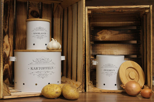 orbiteco 3-piece storage container set with high-quality bamboo lids - potato pot, onion pot, and garlic pot for stylish garlic, onion, and potato storage - long-lasting durability
