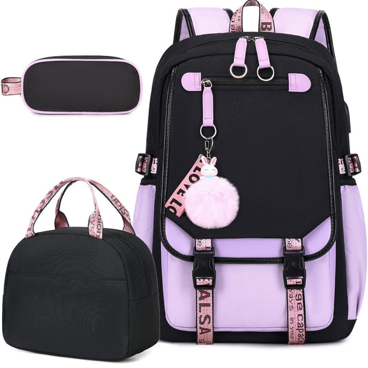 Bevalsa school backpack for girls teenager with school bags set, leisure backpack large 20L waterproof school bag backpack casual daypacks for kids women (purple)