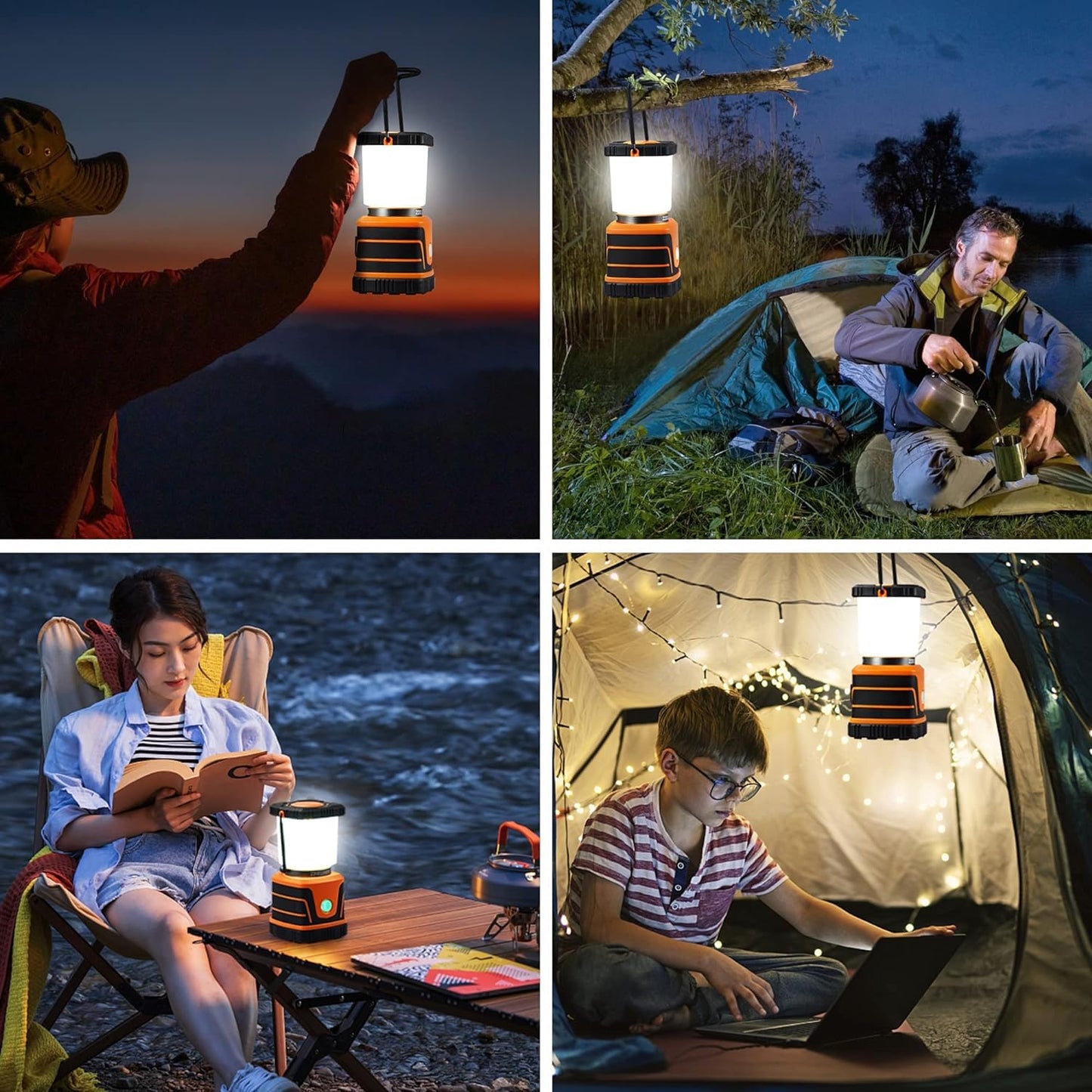 FLOWood super bright rechargeable camping lantern, 2200 lumens 6000mAh battery LED camping lantern, IP54 camping lights, 4 light modes dimmable, camping light tent lamp for hiking emergency equipment power outage