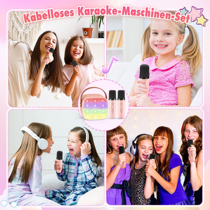 Dislocated Karaoke Machine with 2 Bluetooth microphones, girls' gift toy for 3-12 years old. Mini Karaoke microphone set for kids and adults. Portable speaker with DSP & LED lights.