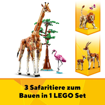 LEGO Creator 3in1 Safari Wildlife, creative set with animal figures, 3 build options: toy giraffe, gazelles, and lion, toy animals for girls and boys, nature gift for kids ages 9+ 31150