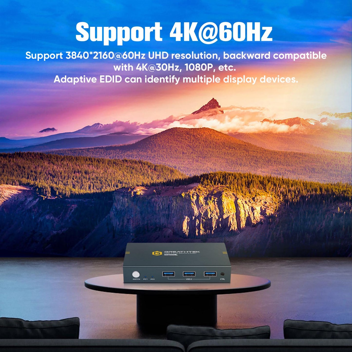4K60 Hz USB 3.0 HDMI KVM Switch 2 PC 1 Monitor, KVM switches for 2 computers sharing 1 set of printer, mouse, and keyboard, with 3 USB 3.0 ports. Includes 2 USB 3.0 cables.