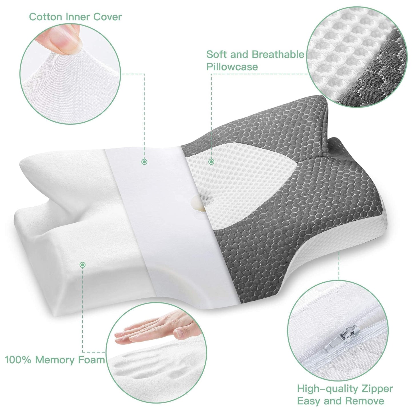 Elviros Orthopedic Memory Foam Pillow, Side Sleeper Pillow Neck Support, Head Pillow Neck Pain, Ergonomic Sleep Pillow for Neck and Shoulder Pain, 64 x 12.5/10.5 x 38cm