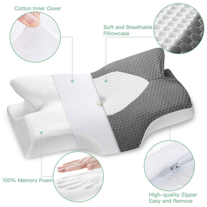 Elviros Orthopedic Memory Foam Pillow, Side Sleeper Pillow Neck Support, Head Pillow Neck Pain, Ergonomic Sleep Pillow for Neck and Shoulder Pain, 64 x 12.5/10.5 x 38cm
