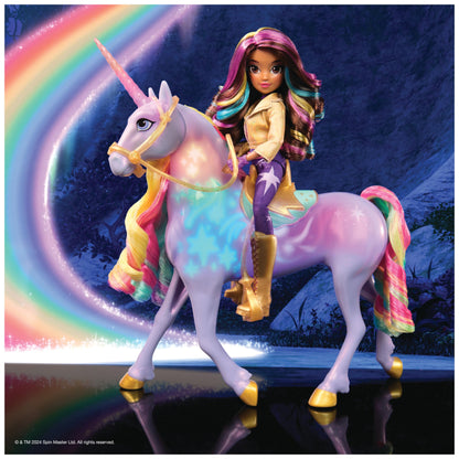 Unicorn Academy Set - Sophia and Light-Magic Wildstar, approx. 28 cm tall unicorn with light effects and music, plus 24 cm tall dress-up doll from the popular Netflix series, for kids ages 4 and up.