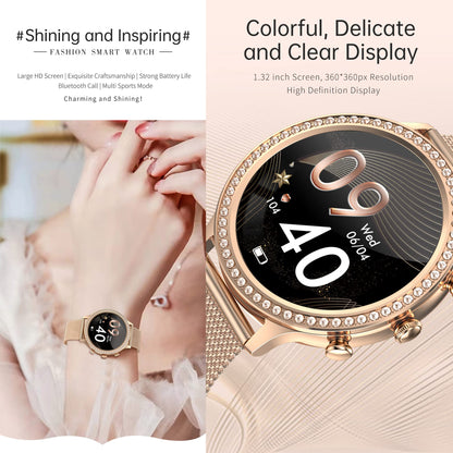 Ladies smartwatch with phone function, 1.32 Fitness Watch Diamond Ladies, Fitness Tracker Watch with menstrual cycle, heart rate, SpO2, sleep monitor, pedometer, wristwatch for Android iOS (Gold)