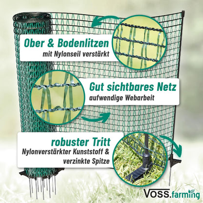 VOSS.farming 20m garden net, universal boundary fence, 80cm, 12 posts, dark green, dog fence, camping fence, garden protection.