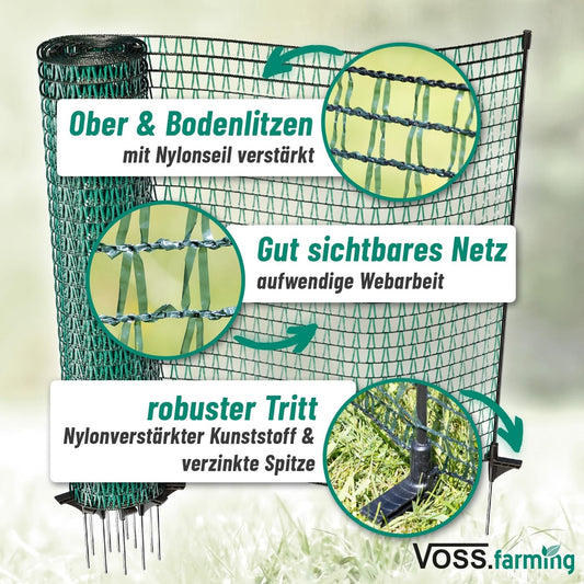 VOSS.farming 20m garden net, universal boundary fence, 80cm, 12 posts, dark green, dog fence, camping fence, garden protection.