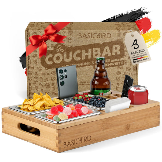 BASICBIRD® Couchbar Snackbox - Organizer Tray - Snack dispenser with 3X snack bowls - Wood sofa tray for sofa, decor, couch bar with drink holder - Snackbox with compartments - RV equipment