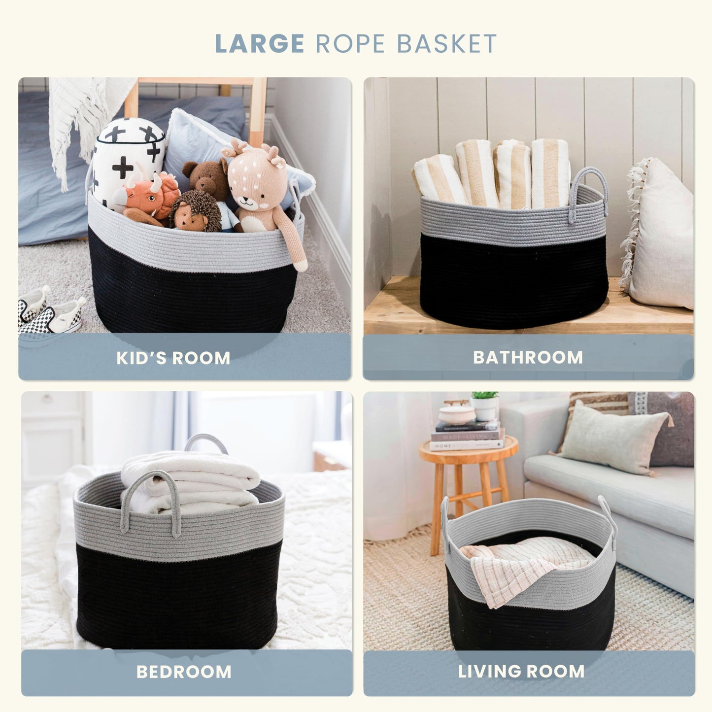OrganiHaus Large woven storage basket made of cotton with handles, toy basket for kids' room, laundry basket for blankets, pillows, clothes, handwoven basket for living room - 50x33 cm, Black/Gray