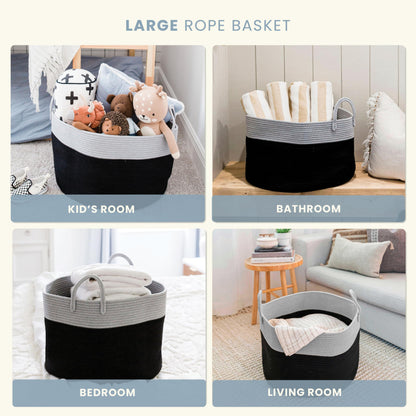 OrganiHaus Large woven storage basket made of cotton with handles, toy basket for kids' room, laundry basket for blankets, pillows, clothes, handwoven basket for living room - 50x33 cm, Black/Gray