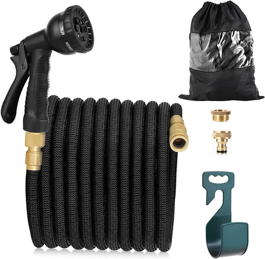 Flexible garden hose 30m with 8 function garden hand spray nozzle. Flexible garden hose 3/4 inch & 1/2 inch with hose hook storage bag. Water hose for garden, pet, car wash. Black.