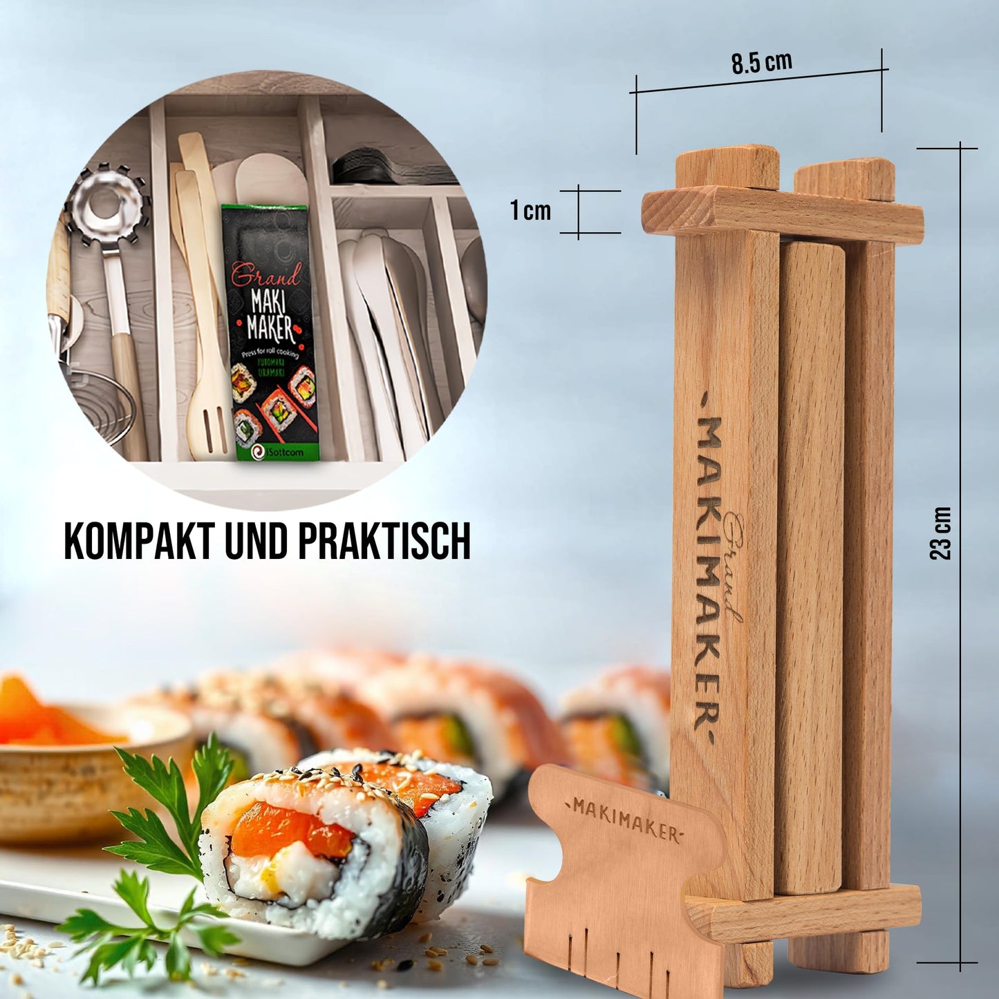 iSottcom Buchenholz Sushi Maker - Make your own Japanese sushi rolls easily - Maki set including recipe app, gift box, and instructions - Perfect sushi gift for beginners & pros.