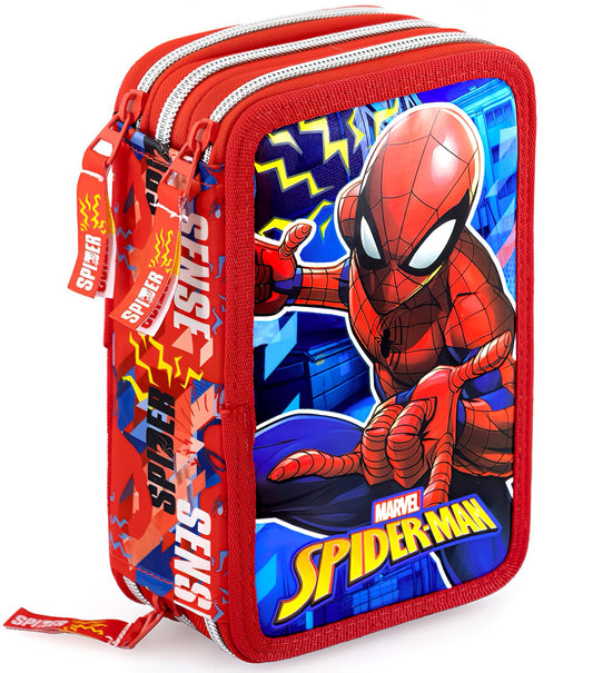 Clondo Boys 3-compartment pencil case for Spiderman fans - 45-piece, fully stocked - with scissors, glue, colored pencils 3.0 - Red - ideal for school & as a gift