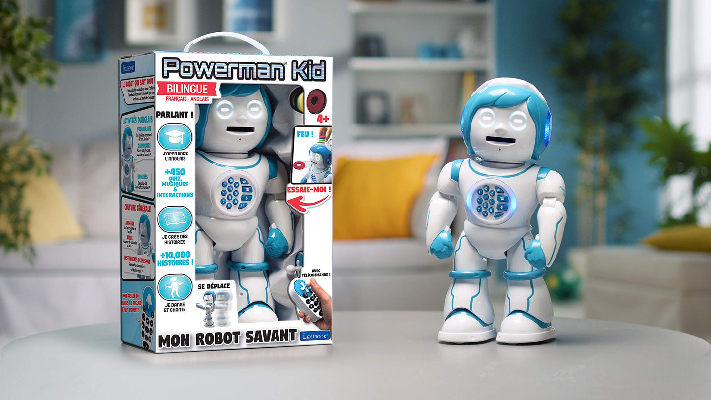 Lexibook Powerman Kid - educational robot, bilingual French/English, with remote control - programmable, dances, plays music, tells stories, 450+ quiz, records 4+.