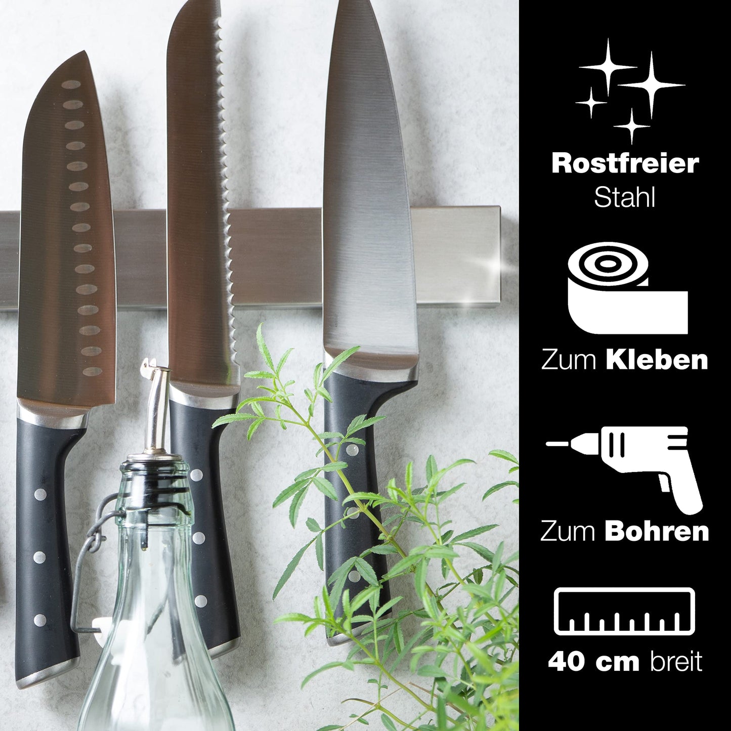 Moritz & Moritz 40cm Self-adhesive Knife Magnetic Strip - Knife Magnetic Strip for Gluing or Drilling - Magnetic Knife Holder made of Stainless Steel - Knife Magnetic Rail for Kitchen Tools and Utensils