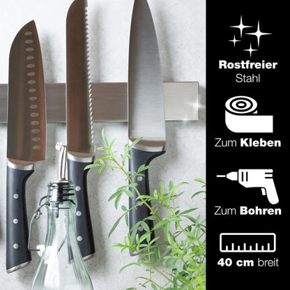 Moritz & Moritz 40cm Self-adhesive Knife Magnetic Strip - Knife Magnetic Strip for Gluing or Drilling - Magnetic Knife Holder made of Stainless Steel - Knife Magnetic Rail for Kitchen Tools and Utensils