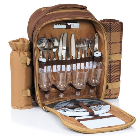 CampFeuer Picnic Backpack for 4 persons | Brown | 32-piece picnic set | including bottle holder and fleece blanket, large cooler compartment, tableware and cutlery | Hiking backpack, camping backpack