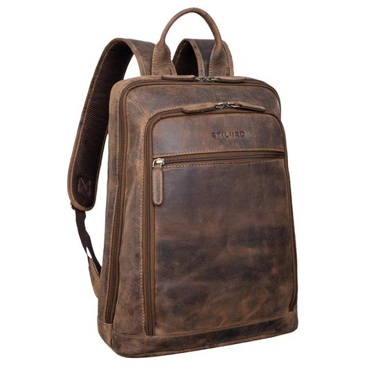 STILORD 'Watson' laptop backpack 15.6 inch leather business backpack men's XL backpack for wide A4 folders daypack vintage real leather, color: calais - brown.