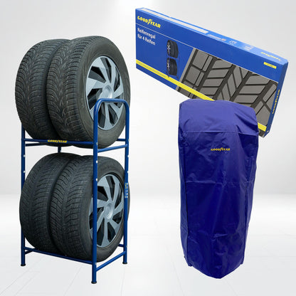Goodyear tire rack for 4 tires, space-saving storage, height-adjustable, 2 levels, maximum load capacity up to 120 kg, blue.