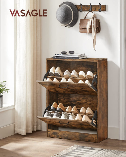 VASAGLE shoe cabinet with 2 flaps, shoe rack, adjustable and removable partitions, for 12 pairs of women's shoes or 8 pairs of men's shoes, small hallway, 60 x 24 x 83.5 cm, vintage, dark brown LBC02BX.