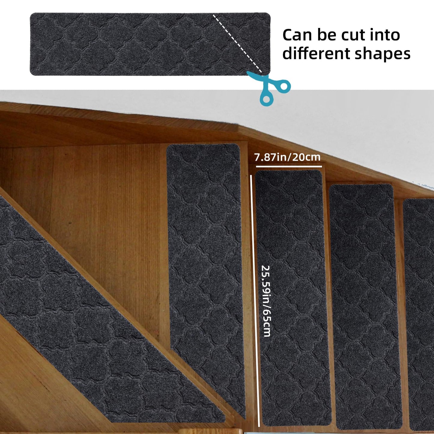 YISUN Stair Treads 15 Pieces, Anti-Slip Stair Tread Mats, Self-Adhesive Rectangular Stair Carpet, Carpet Stair Steps for Outdoor Indoor Use for Kids, Elderly, and Dogs, 20 x 65 cm (Dark Gray)