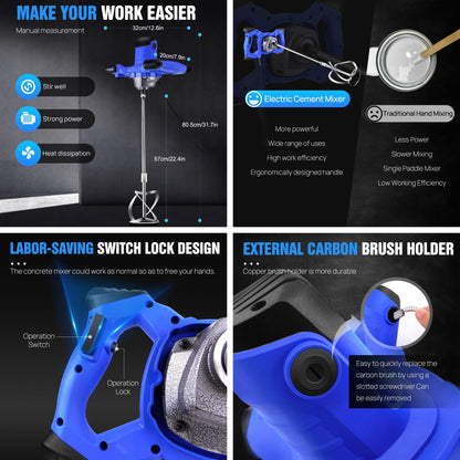 2600W stirrer for paint, concrete, mortar, plaster, adhesive, and cement. Features 6-speed gearbox, soft start function, lockable switch, 0-1700 RPM speed, and M14 interface stirring rod.