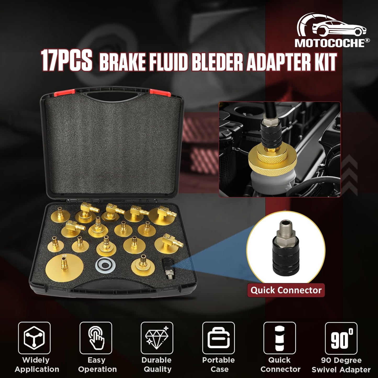17-piece brake bleeding tool kit with quick adapter, metal brake bleeding adapters for vehicles, brake fluid reservoir adapter suitable for 90% of brake bleeding sets.
