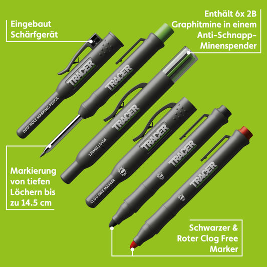 Tracer Marking Kit - Deep Hole Carpenter Pencil, Replacement Leads x 6, and 2 non-clogging markers with holster.
