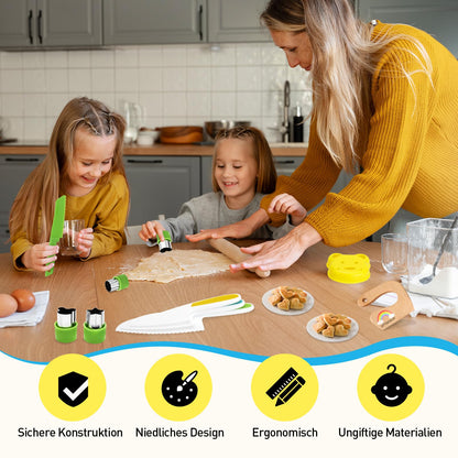 Children's knife 16-piece children's safety cooking knife kitchen knife set with vegetable cutters, wooden knives, cutting board etc. Montessori toy as a birthday gift for children aged 2 years and older.