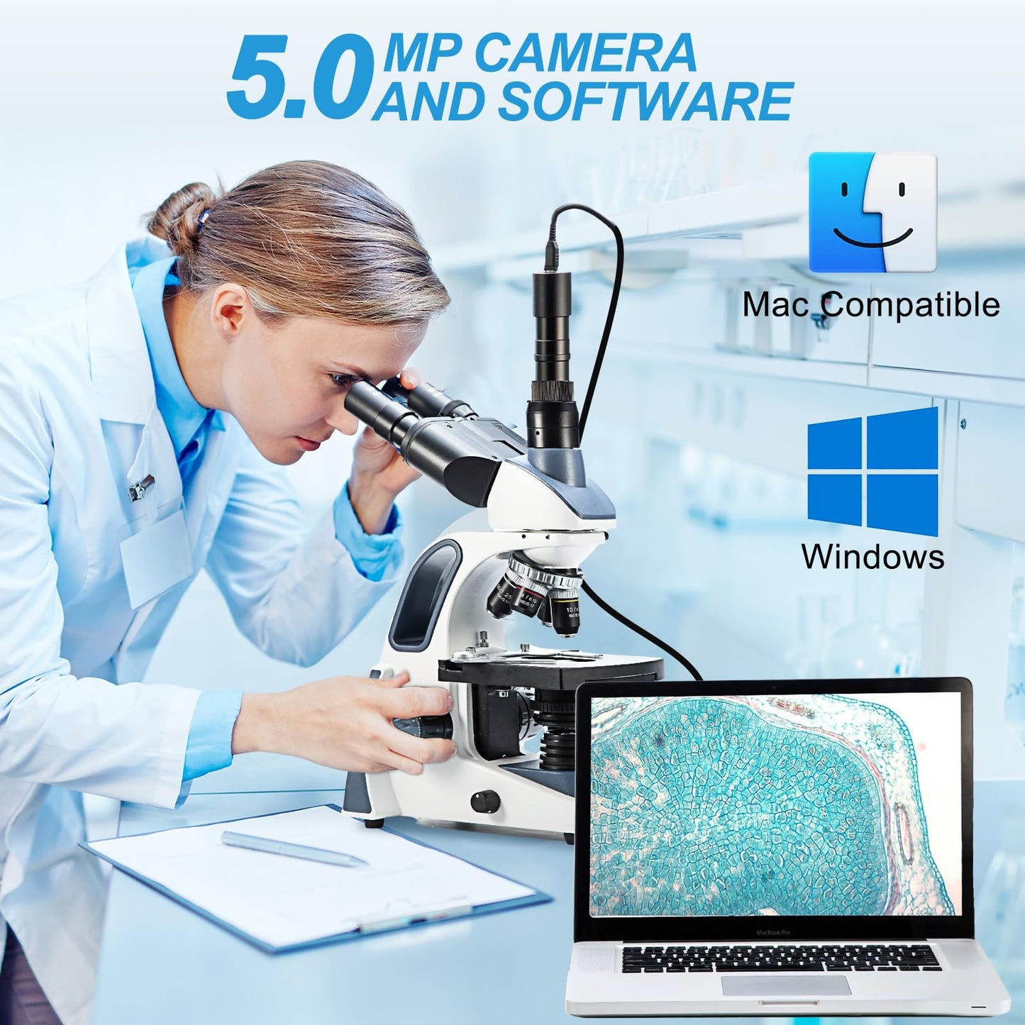 SWIFT Trinocular Microscope SW380T, 40x to 2500x magnification, Siedentopf head, dual-layer mechanical stage, with 5.0MP camera and software, and 100 blank slides