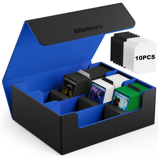 Mlikero card storage box for 1800+ cards, Magnetic card deck box fits MTG and sports cards, Premium Commander card deck box with 10 compatible card dividers (Black&Blue)